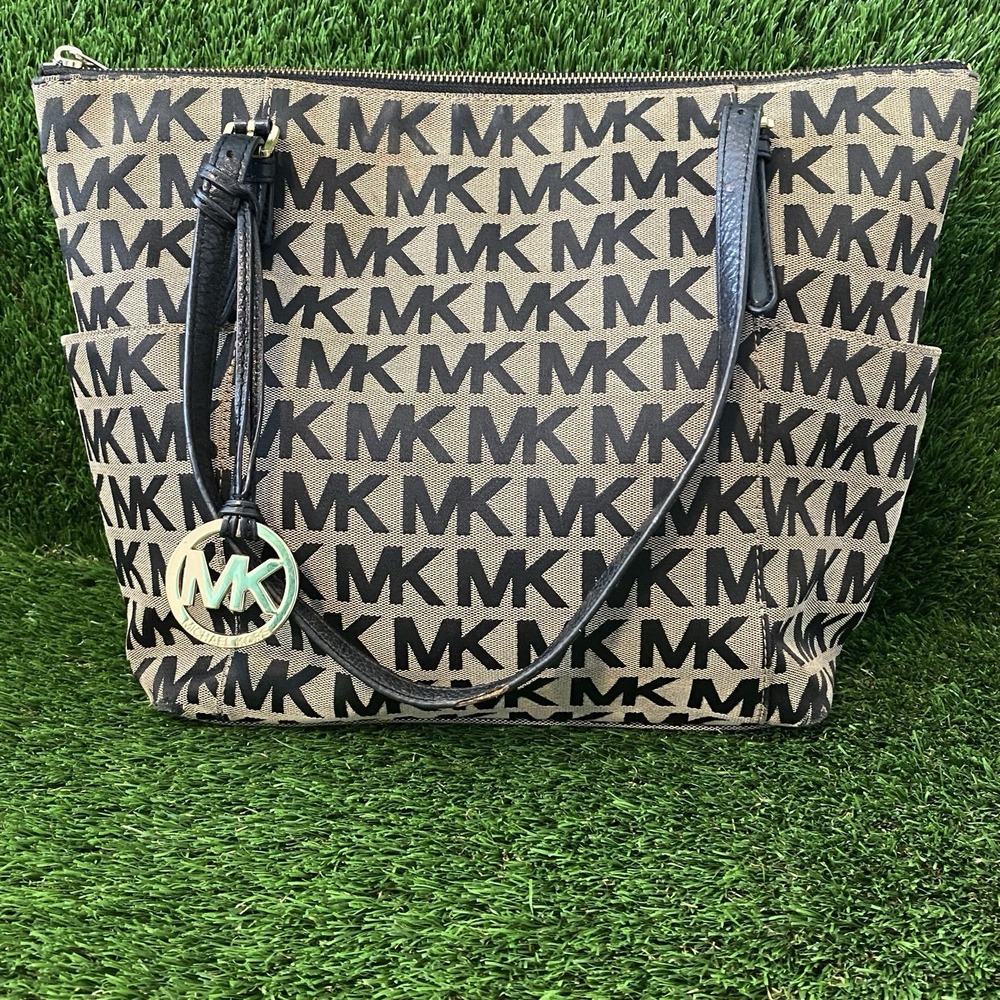 Michael Kors Signature Classic Black Monogram MK‎ Jet Set Tote Hand Bag Purse
